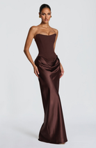 Chocolate brown strapless satin maxi dress with draped skirt, front view