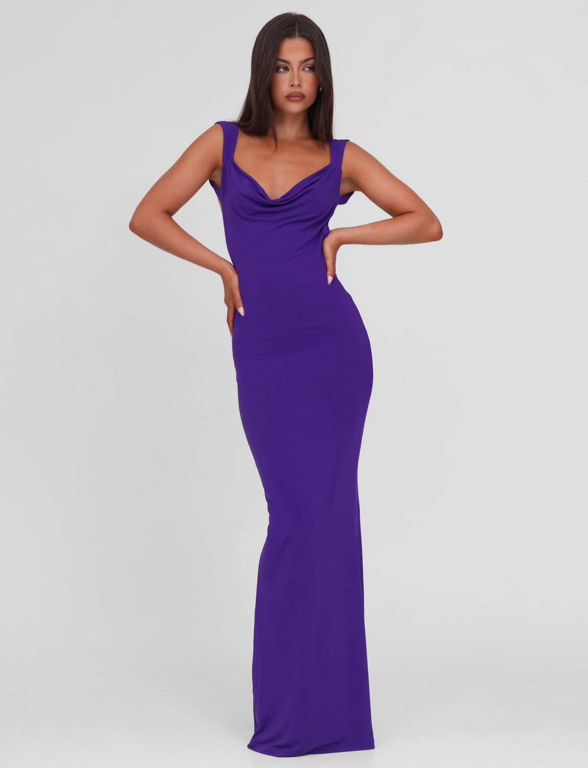Purple maxi dress with cowl neckline, front view on model