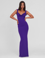 Purple maxi dress with cowl neckline, front view on model