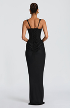 Black corset maxi dress with lace-up back, back view