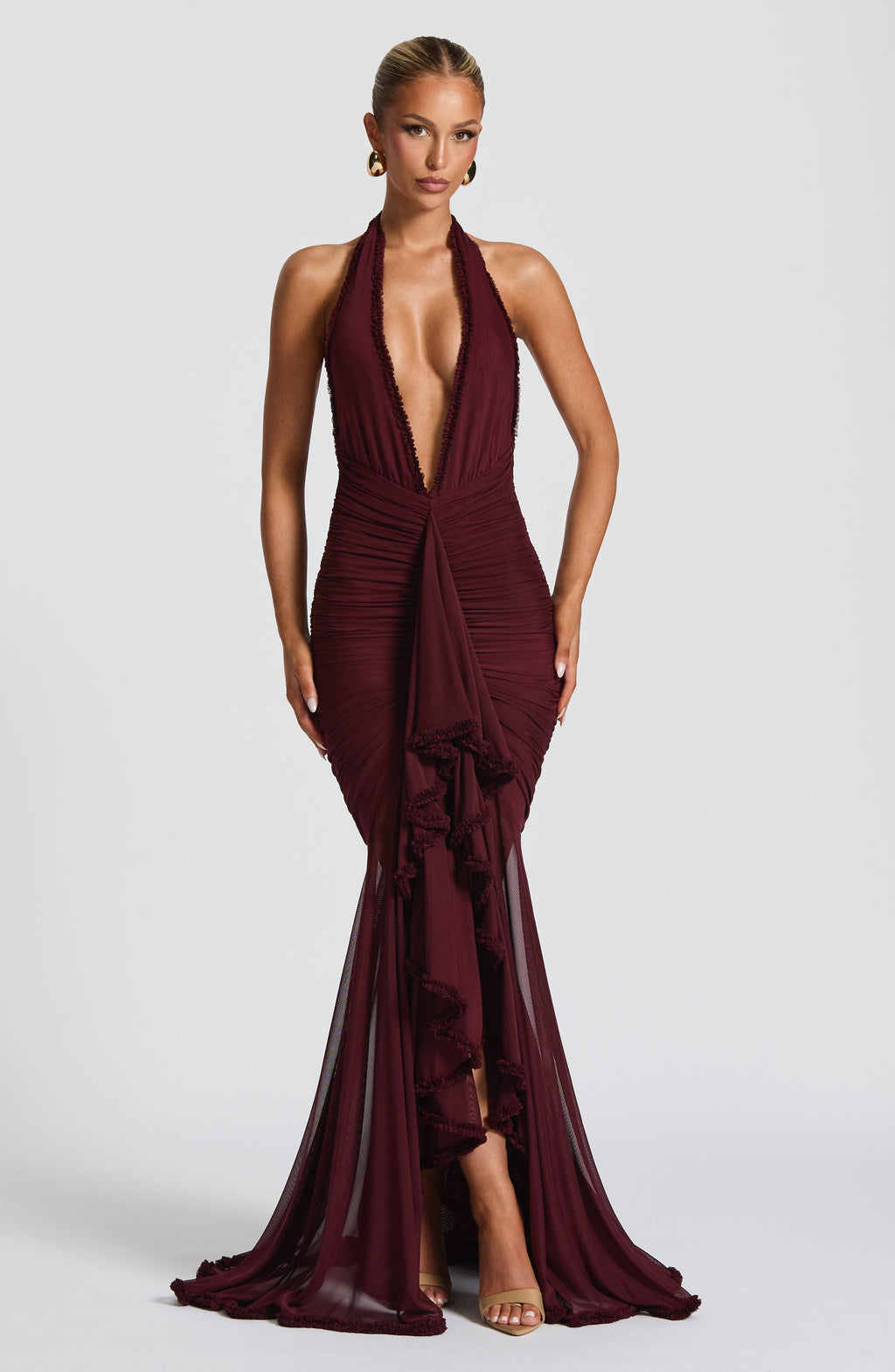 Cherry red mesh halter maxi dress with plunge neckline, front view