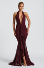 Cherry red mesh halter maxi dress with plunge neckline, front view