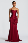 Burgundy satin gown with ruched skirt, front view on model