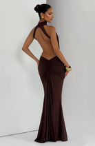 Mocha backless maxi dress with halter neck, angled back view