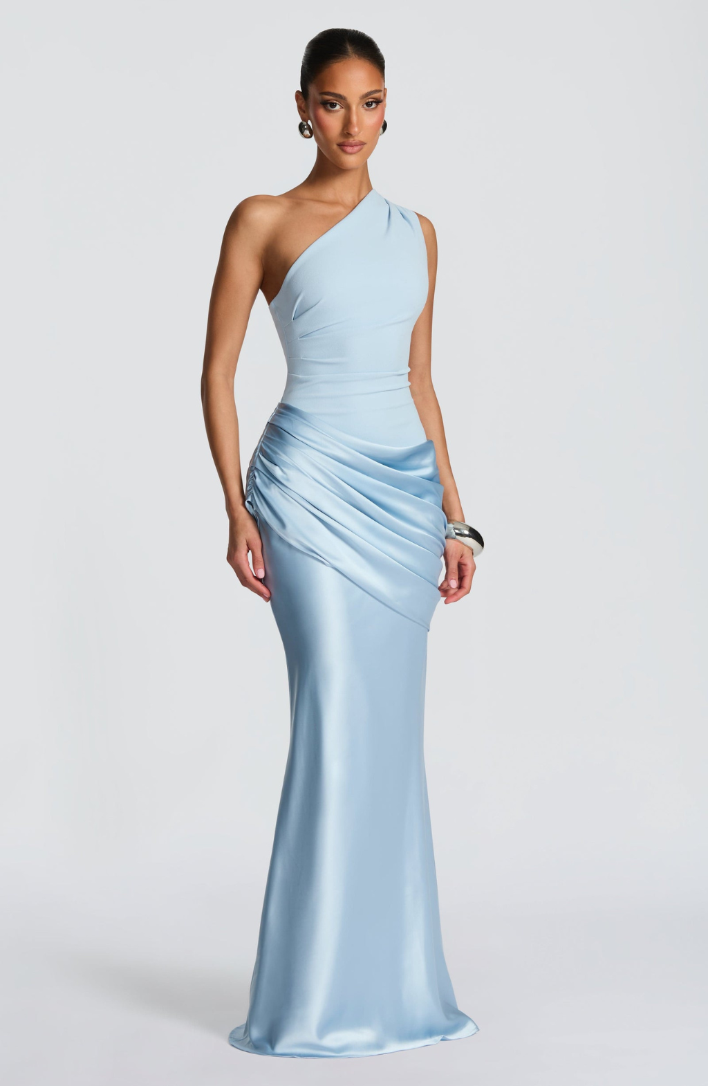Ice blue satin one-shoulder maxi dress on model, front view