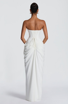 Ivory strapless maxi dress with corset lace-up back, back view on model