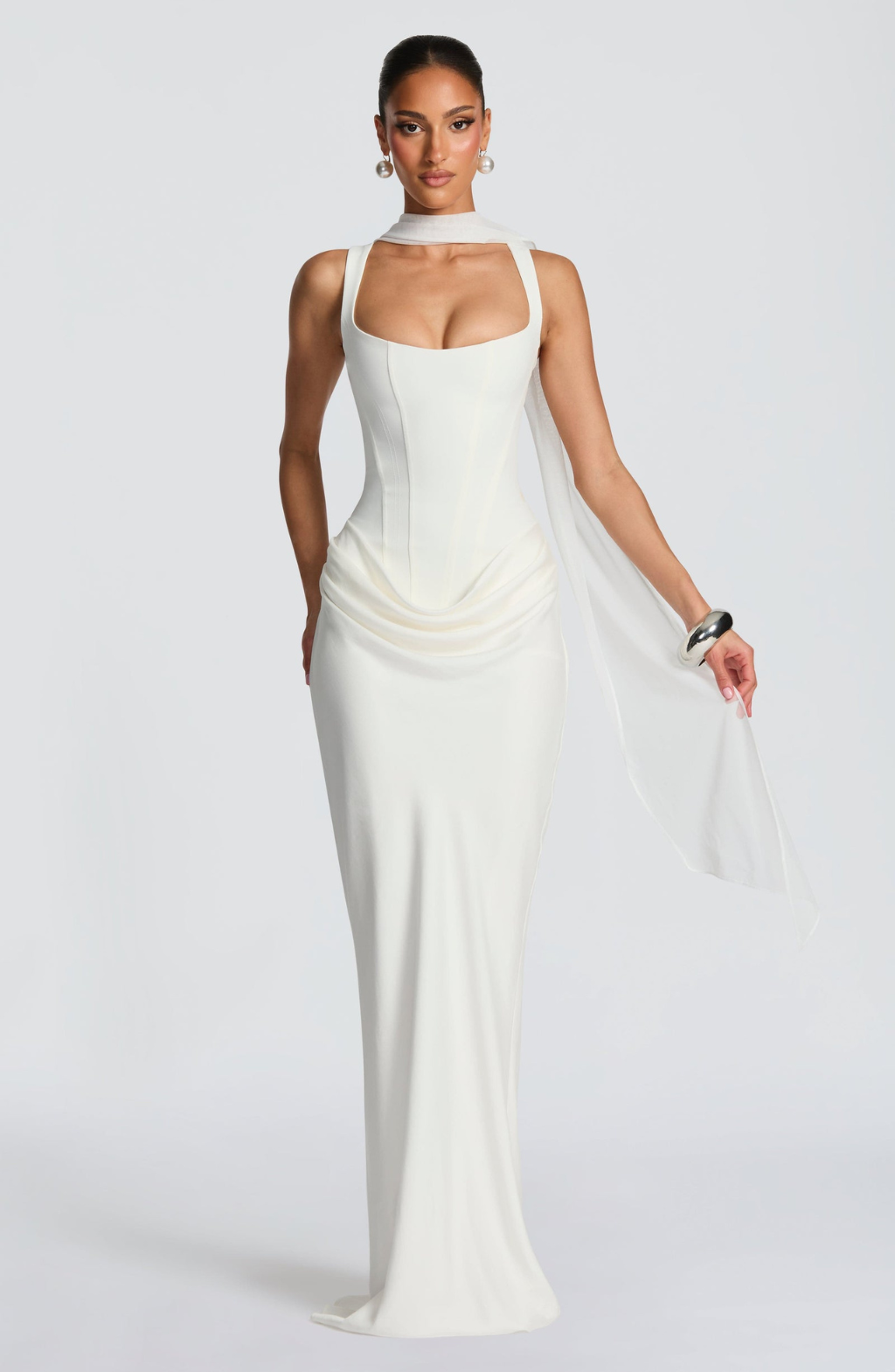 Ivory corset maxi dress with chiffon neck tie, front view