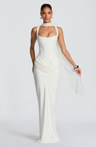 Ivory corset maxi dress with chiffon neck tie, front view