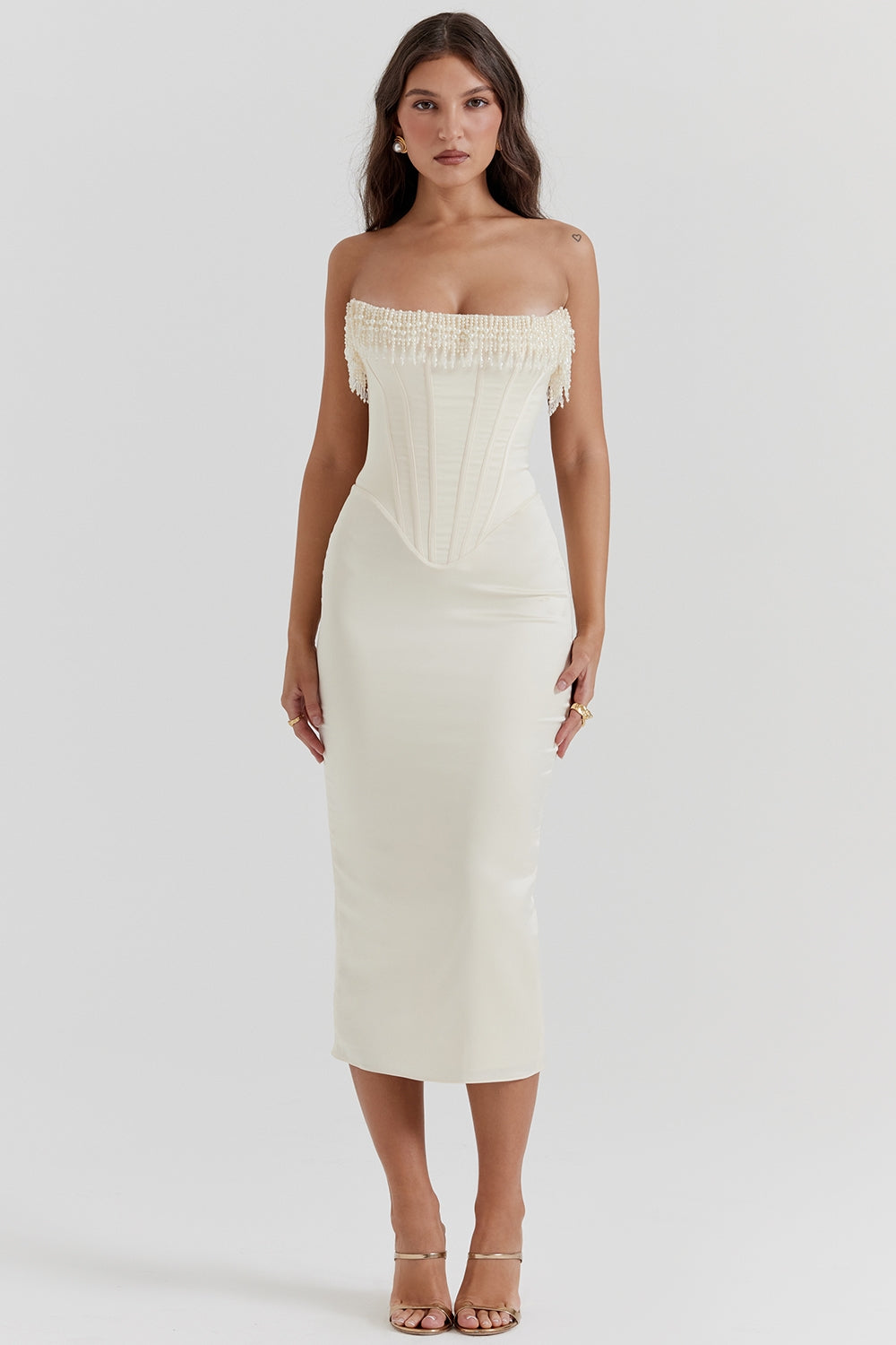 Ivory strapless corset midi dress with beaded fringe trim, front view