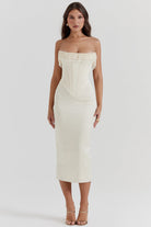 Ivory strapless corset midi dress with beaded fringe trim, front view