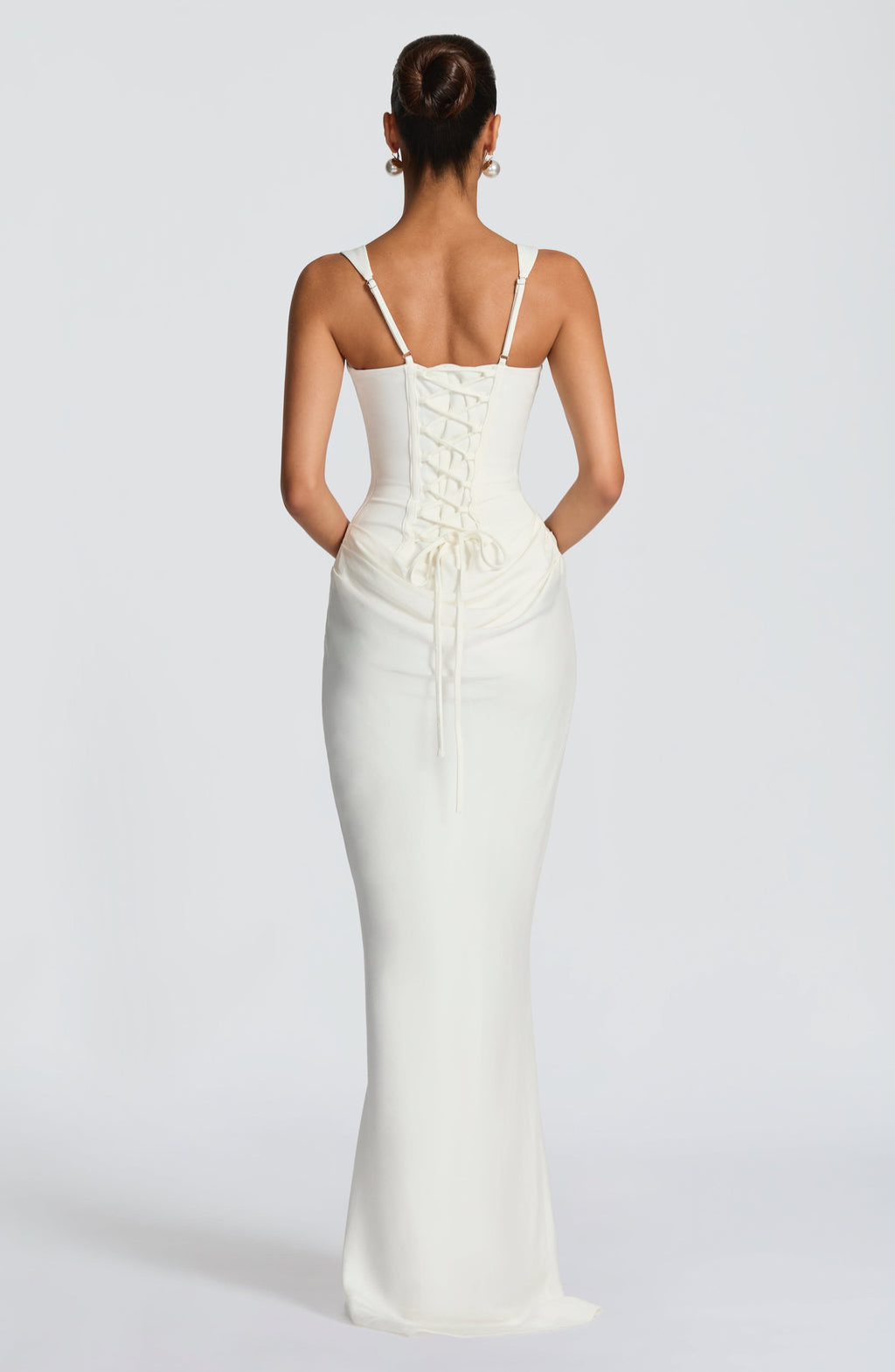 Ivory corset maxi dress with lace-up back, back view