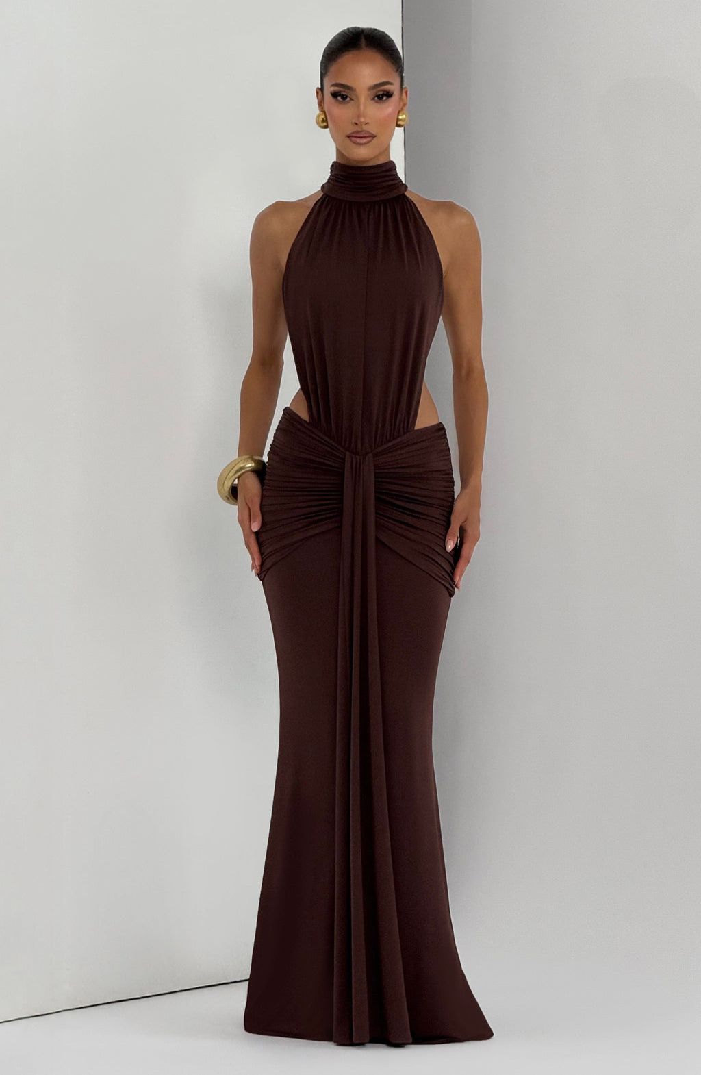 Mocha halter maxi dress with cutout waist, studio front view
