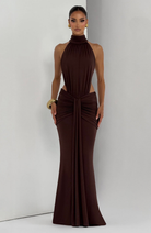 Mocha halter maxi dress with cutout waist, studio front view