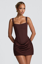 Mocha corset mini dress with ruched skirt, front view on model