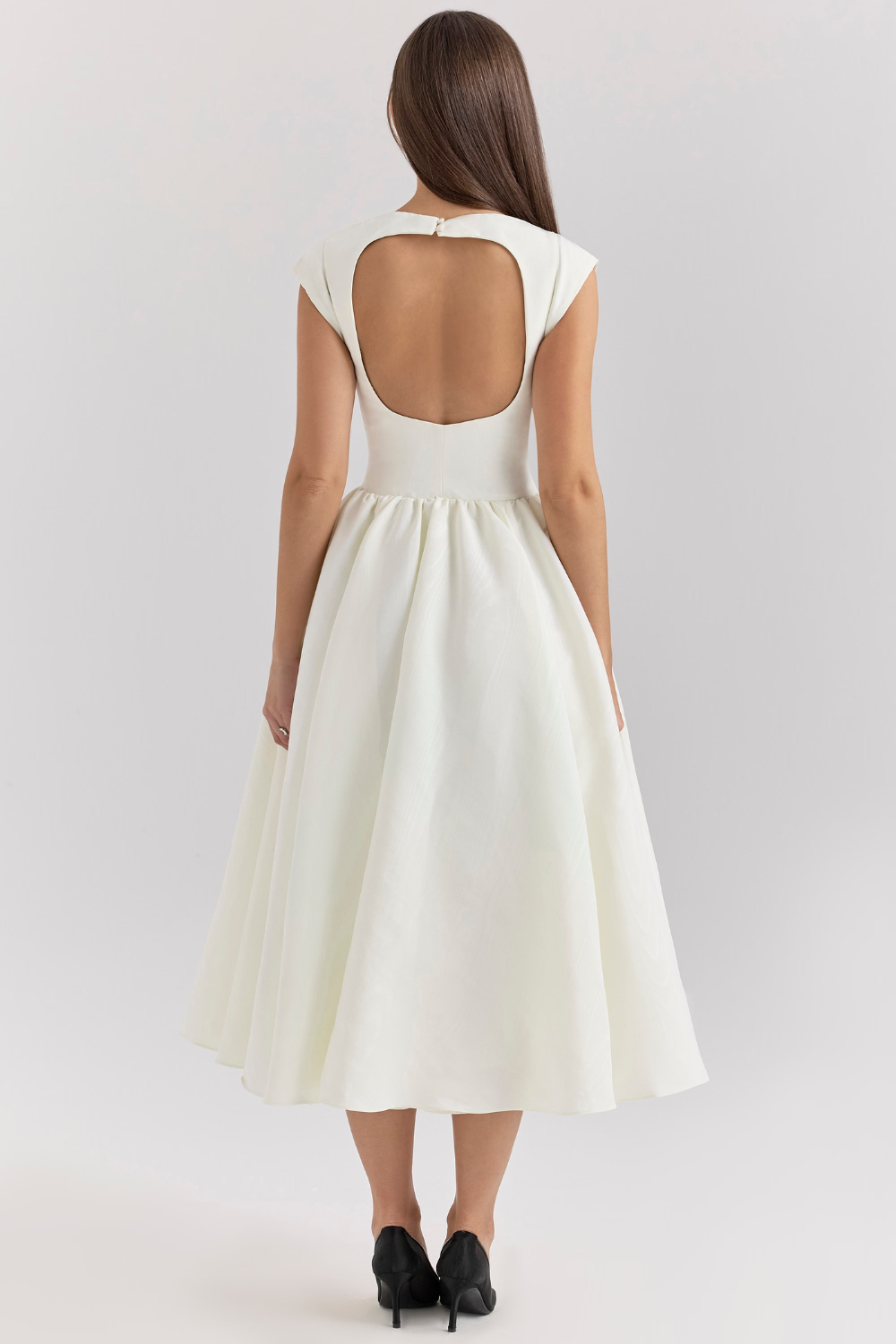 Ivory full-skirt midi dress, back view showing cutout detail