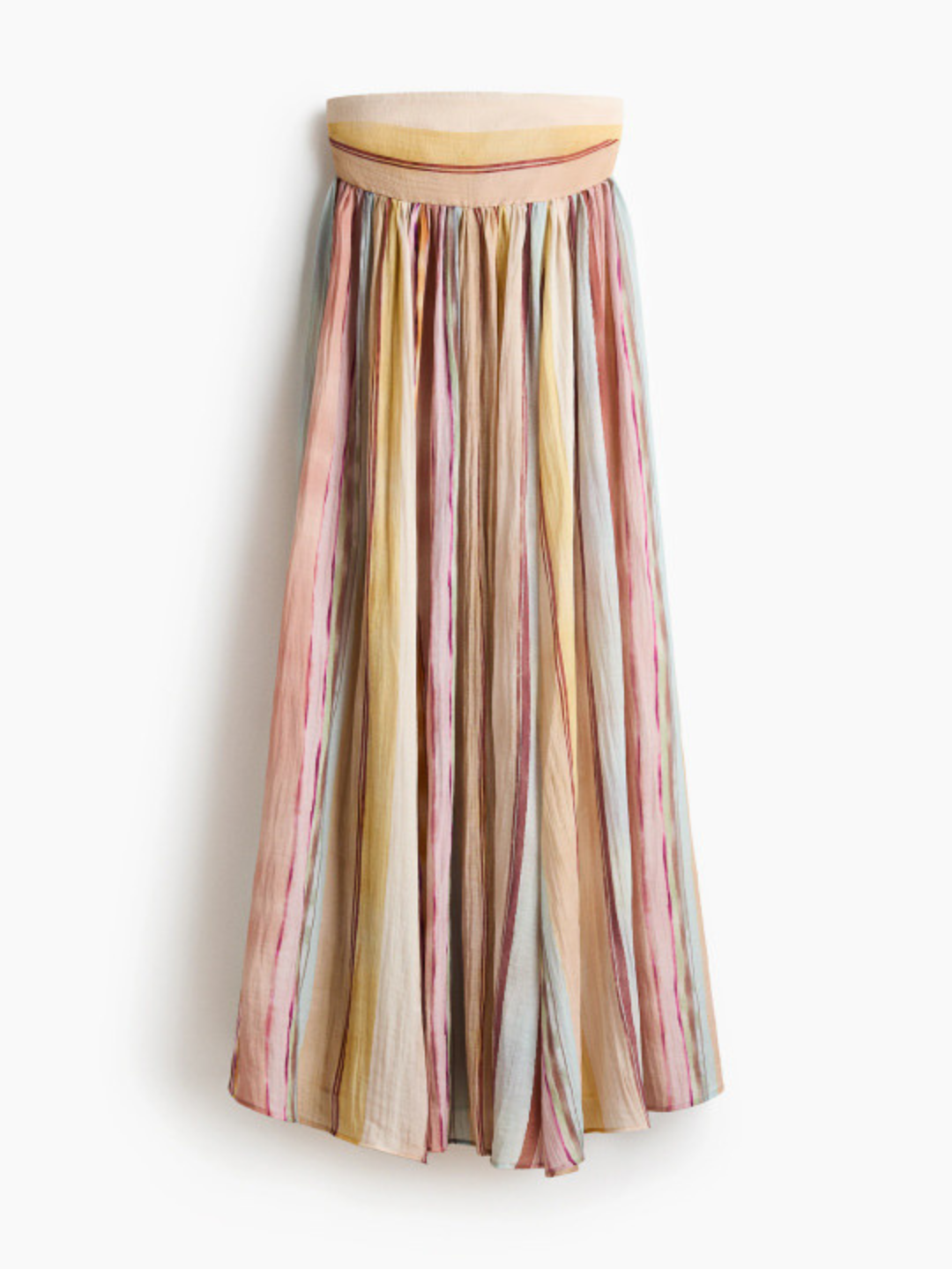 Flat lay of striped maxi dress in pink, blue and yellow