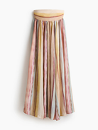 Flat lay of striped maxi dress in pink, blue and yellow