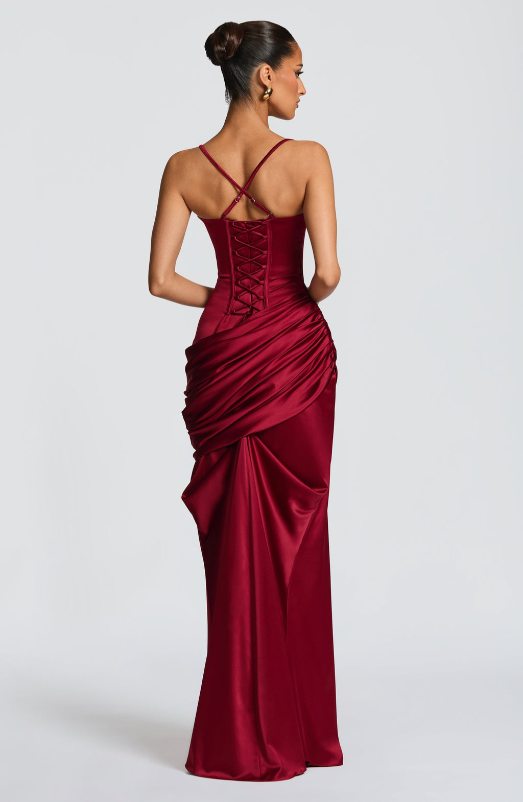 Burgundy satin gown, close-up of the lace-up back