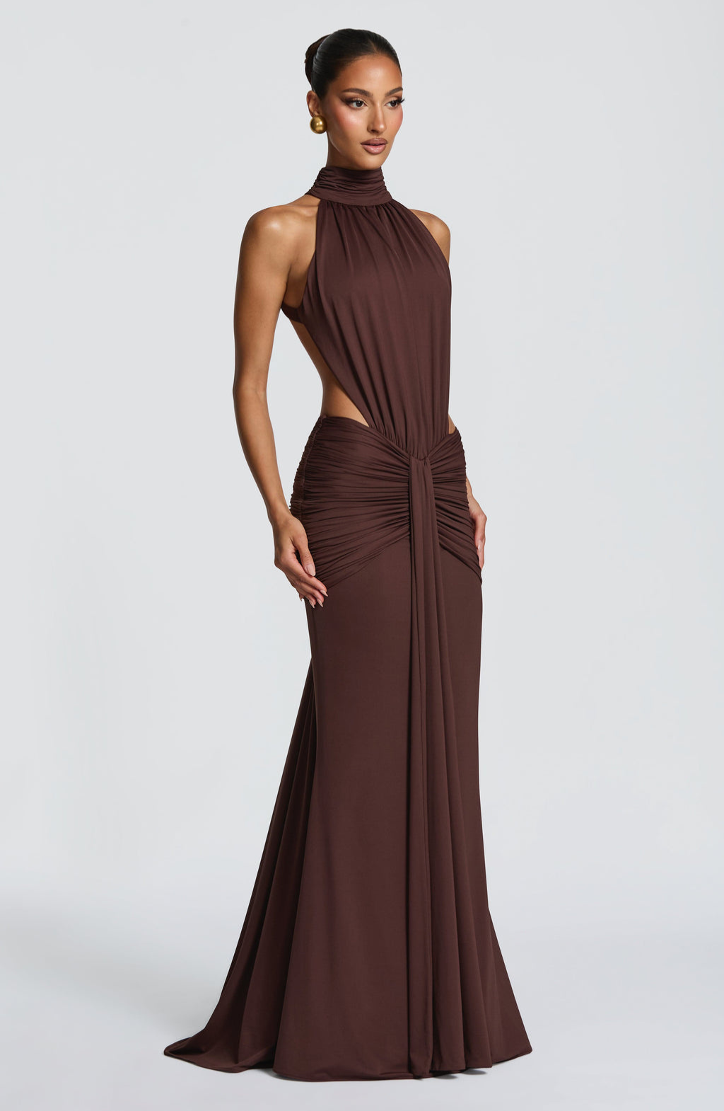 Mocha halter maxi dress with cutout waist, three-quarter view