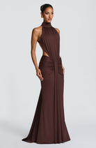Mocha halter maxi dress with cutout waist, three-quarter view