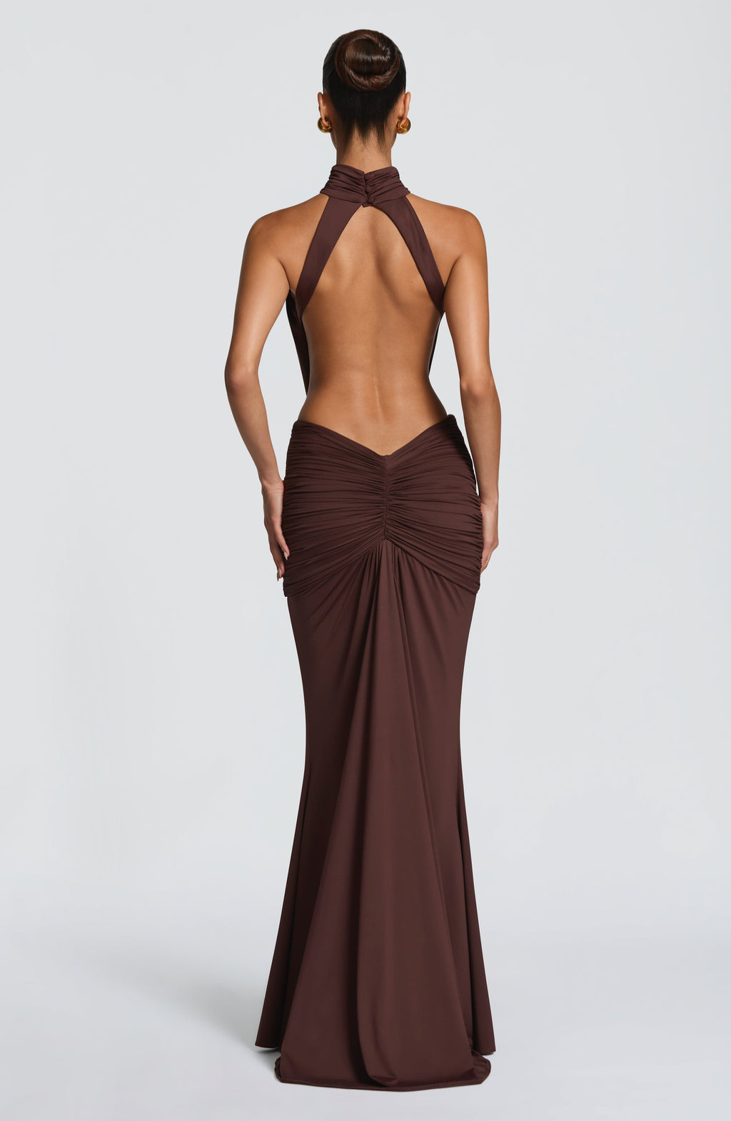 Mocha backless maxi dress with halter neck, straight back view