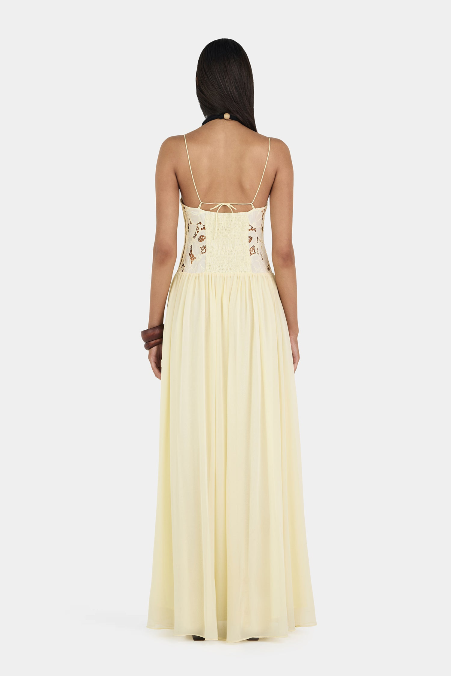 Butter lace maxi dress with tie-back bodice, back view on model