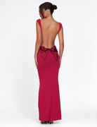 Deep red maxi dress, close-up of the open back bow