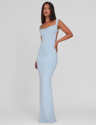 Baby blue maxi dress, side view on model