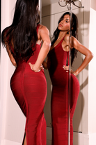 Ruby red bandage maxi dress, back view lifestyle mirror shot