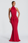 Red halter maxi dress with cutout waist, front view on model