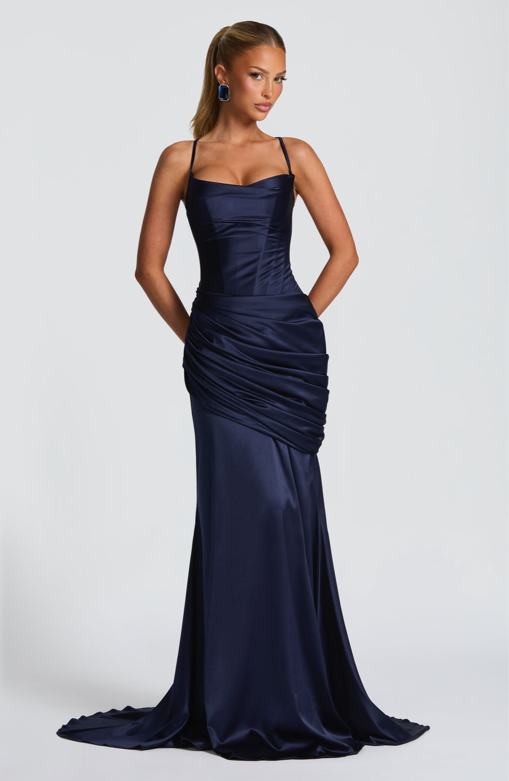Navy satin gown with ruched skirt, front view on model
