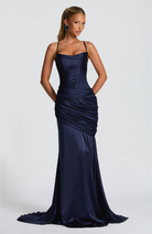 Navy satin gown with ruched skirt, front view on model