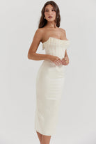 Ivory beaded-fringe corset midi dress, side view on model