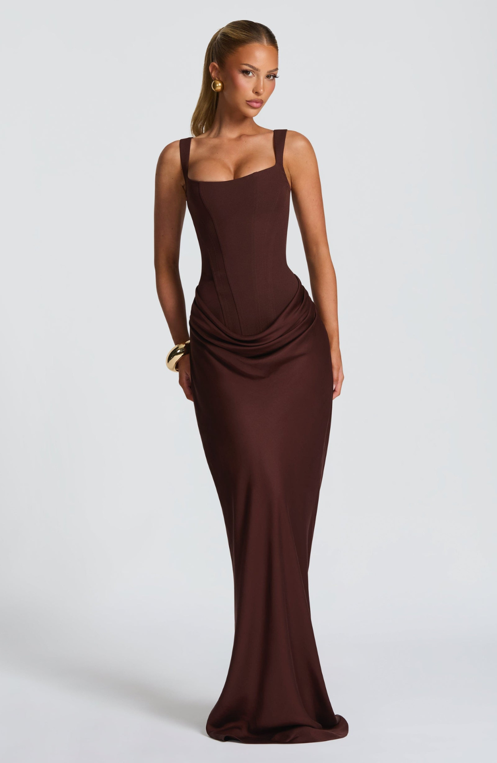 Mocha corset-style maxi dress on model, front view