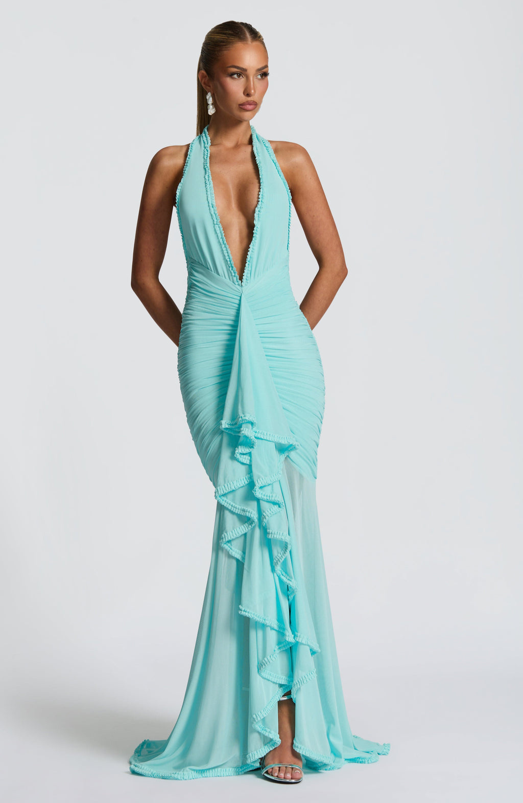 Aqua mesh halter maxi dress, close-up front view on model