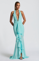 Aqua mesh halter maxi dress, close-up front view on model