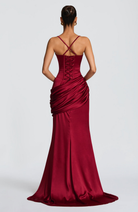 Burgundy satin gown with corset lace-up back, back view on model