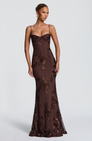 Mocha brown fitted maxi dress with floral lace embroidery, front view on model
