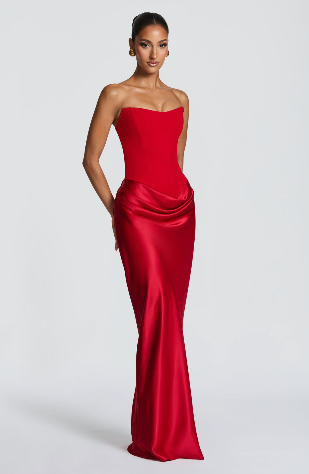 Red strapless satin maxi dress, three-quarter angle view on model