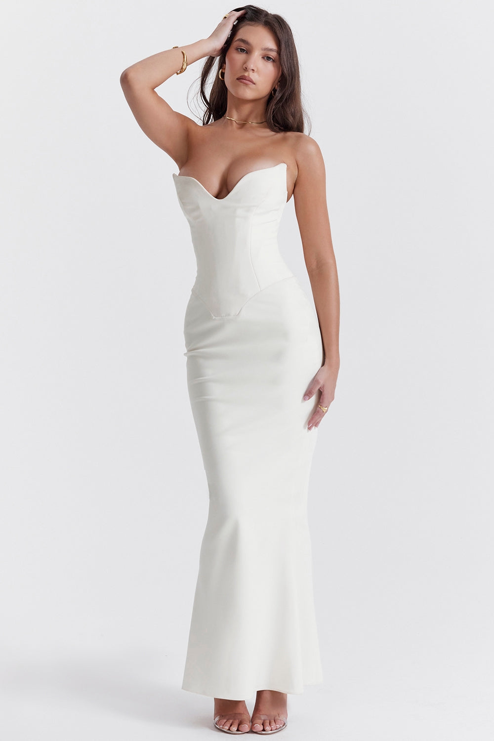 Ivory strapless sweetheart-neckline maxi dress with fishtail hem, front view