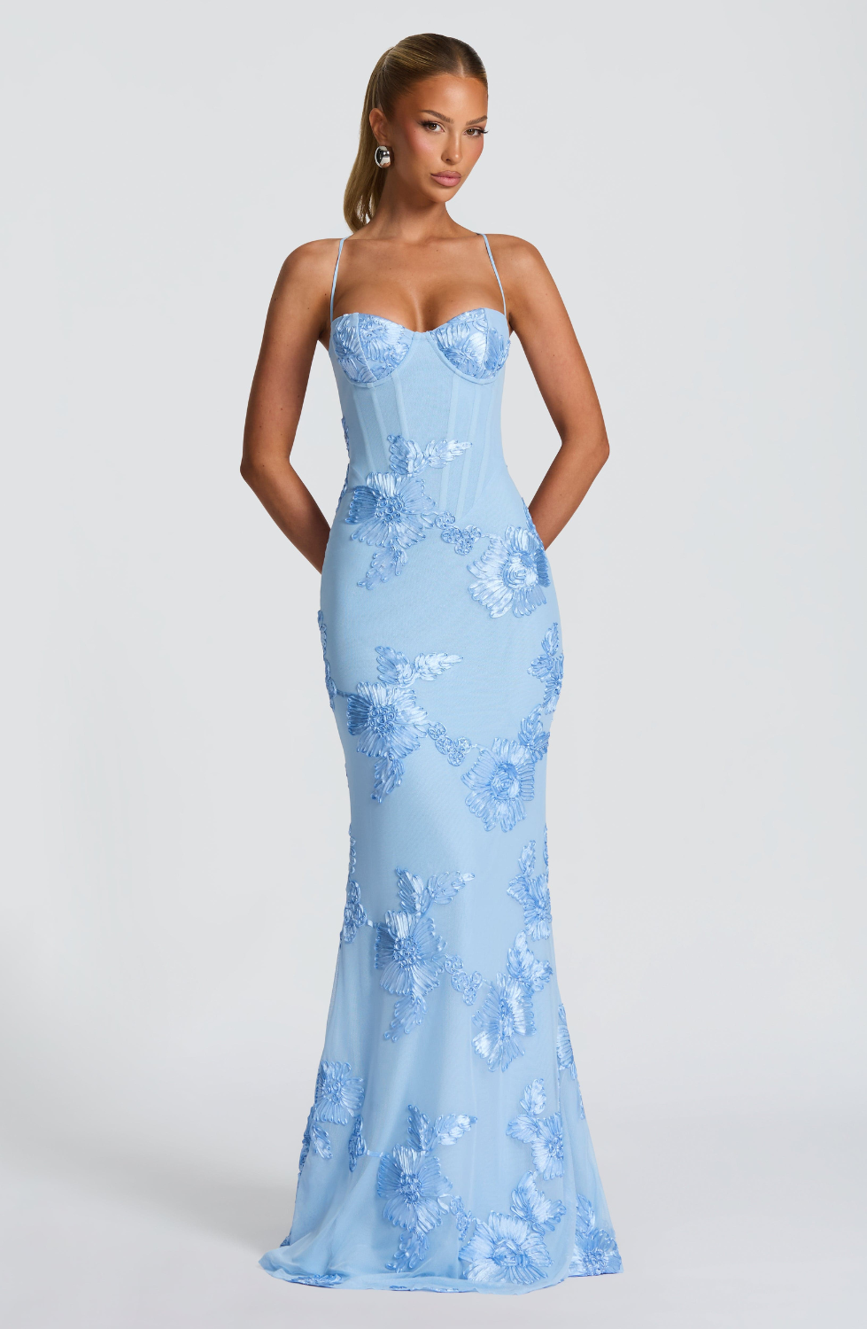 Baby blue fitted maxi dress with floral lace embroidery, front view on model