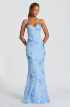 Baby blue fitted maxi dress with floral lace embroidery, front view on model