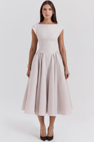 French dove grey full-skirt midi dress, front view on model