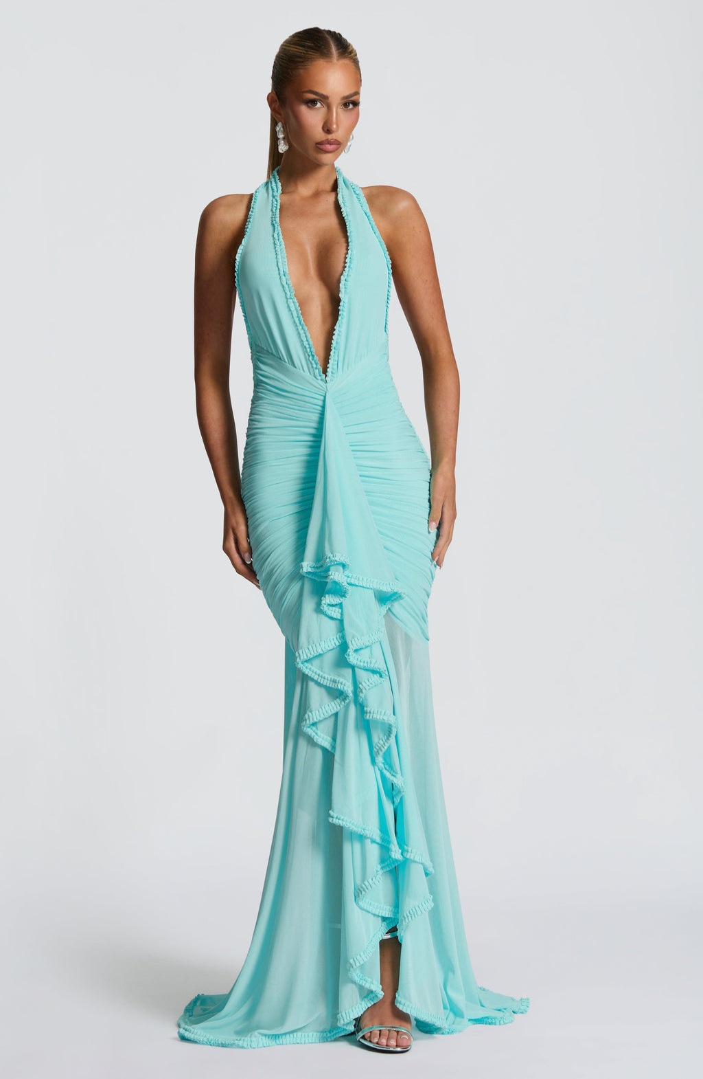 Aqua mesh halter maxi dress with plunge neckline, front view