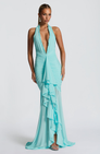 Aqua mesh halter maxi dress with plunge neckline, front view