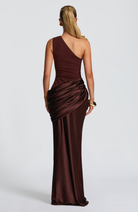 Mocha satin one-shoulder maxi dress on model, back view