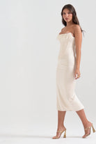 Ivory beaded-fringe corset midi dress, full side view walking