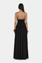 Black lace maxi dress with tie-back bodice, back view on model