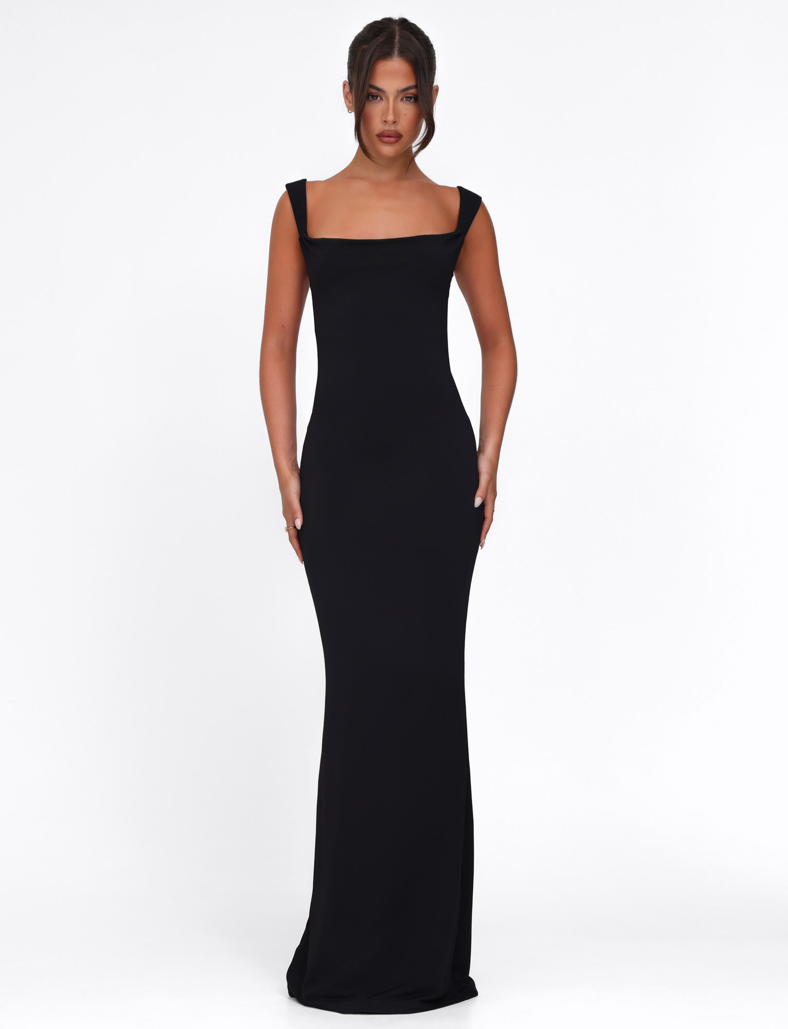 Black asymmetric-neckline maxi dress, front view on model