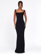 Black asymmetric-neckline maxi dress, front view on model